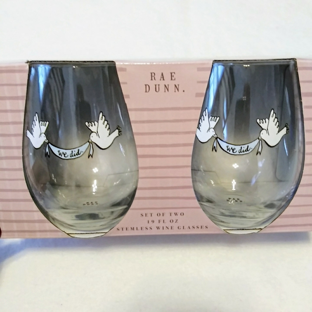 Rae Dunn Stemless 2pc Wine Glasses "We Did"
